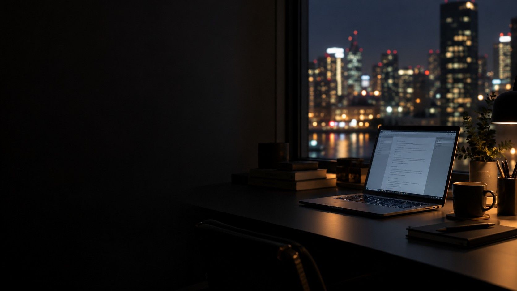 A desk at night with a laptop open by the window