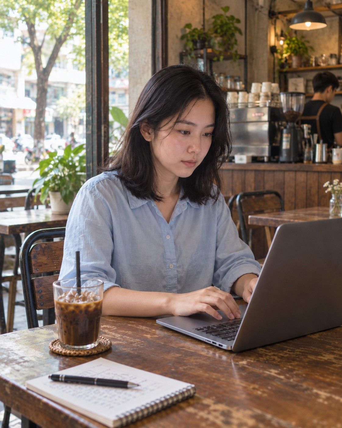 Working from a café in the morning