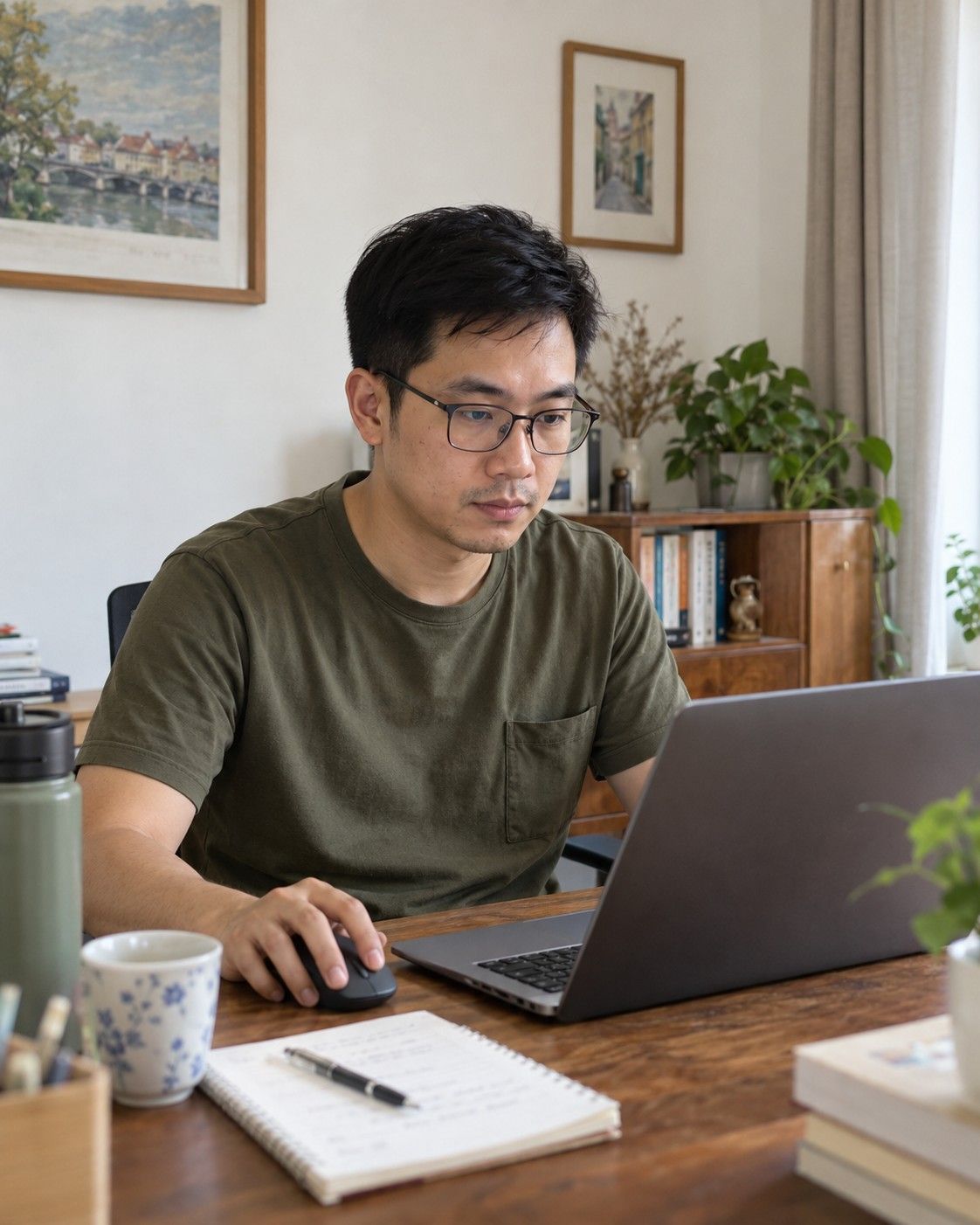 Working at a desk at home in the afternoon