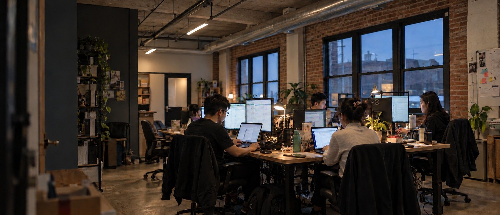 People working at desks in a brick-walled office at dusk
