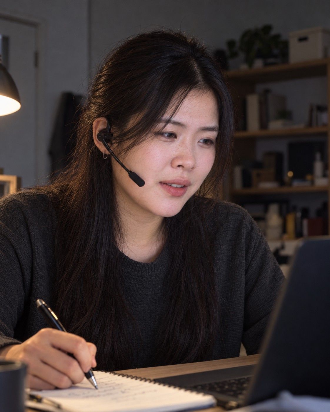 Một nhân viên hỗ trợ đeo tai nghe, đang nói chuyện với khách hàng và ghi chép