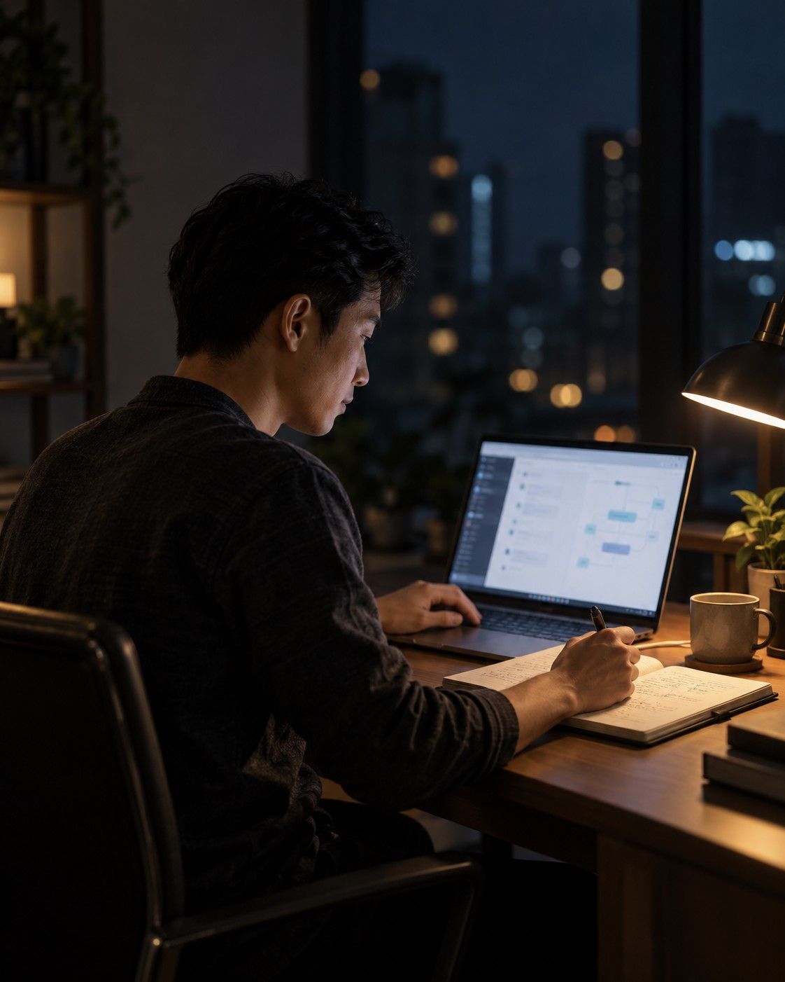 Một người đàn ông làm việc ban đêm bên cửa sổ, dưới ánh sáng laptop và đèn bàn, đang ghi chép